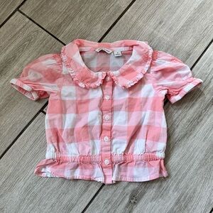 Janie & Jack Pink & White Gingham Plaid Button Up Short Sleeve Shirt Ruffles 2T